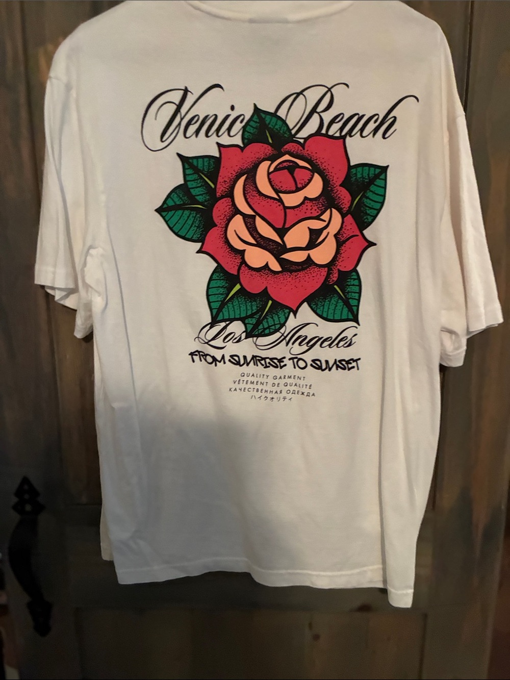 H&M White Tee with Pink & Green Rose Graphic